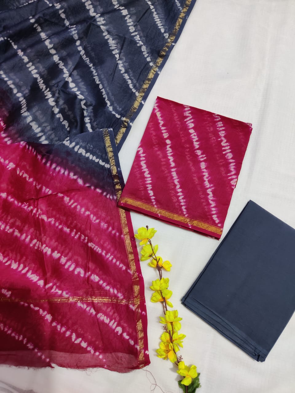 Pure Hand Block Chanderi Silk Unstitched Suit.