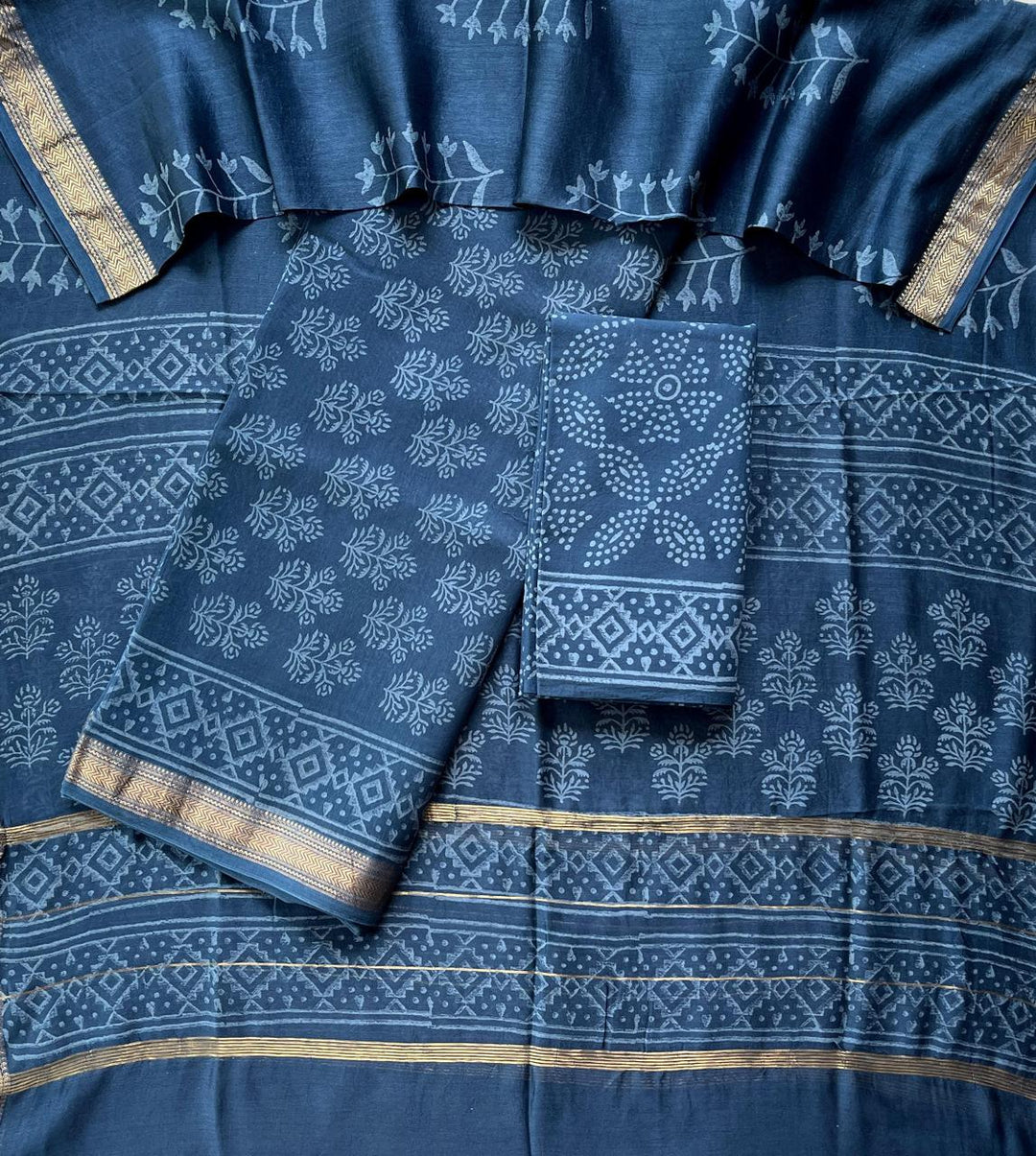 Pure Maheshwari Silk Hand block print Unstitched Suit.
