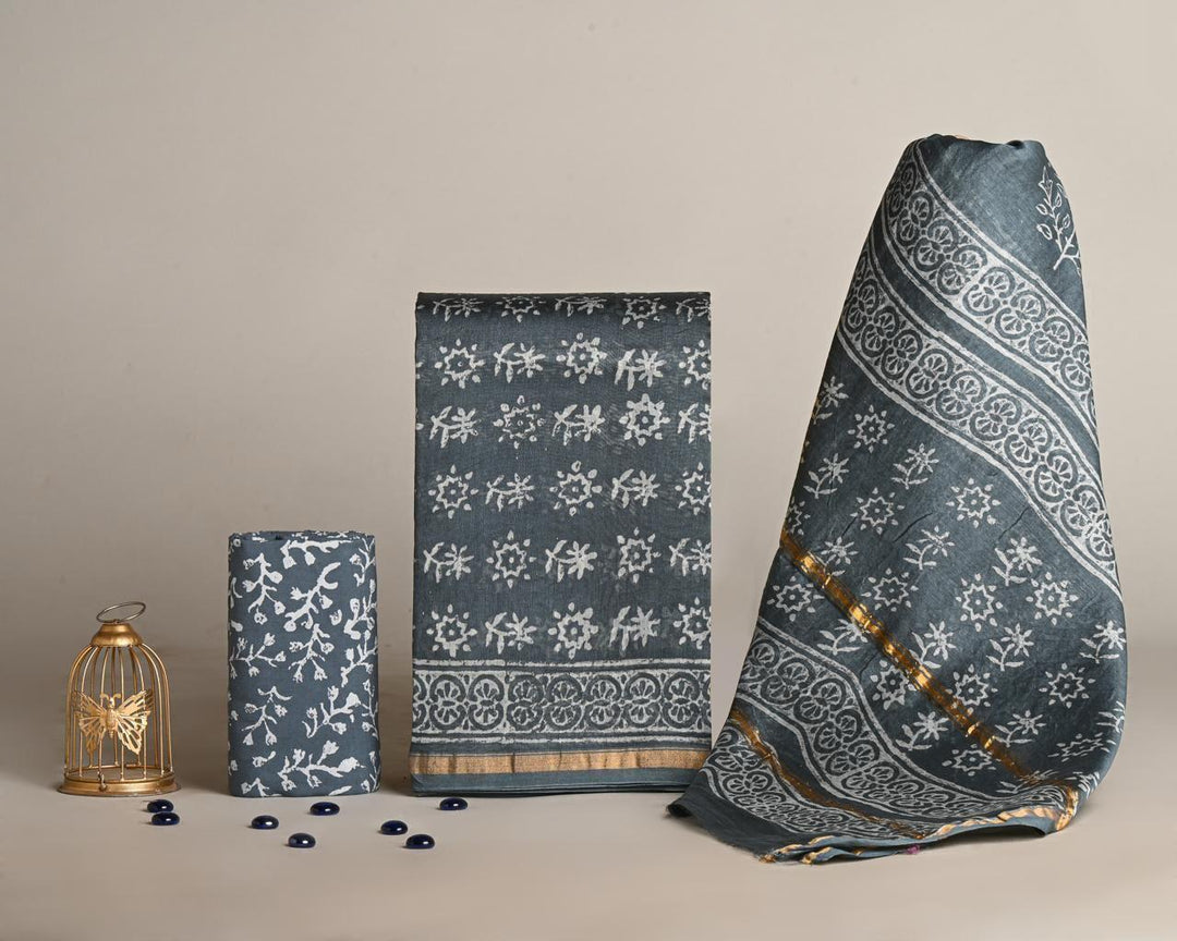 Pure Hand Block Chanderi Silk Unstitched Suit.