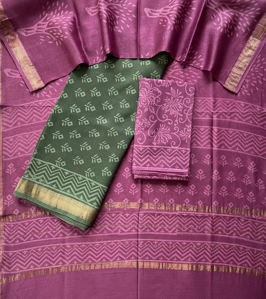 Pure Maheshwari Silk Hand block print Unstitched Suit.