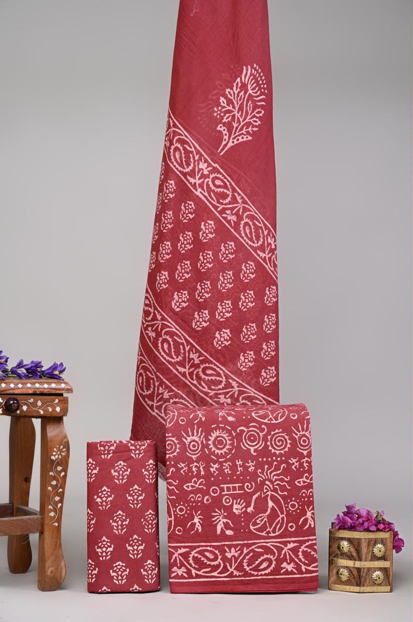 Pure Cotton Hand Block Printed Unstitched Suit Set With Cotton dupatta.