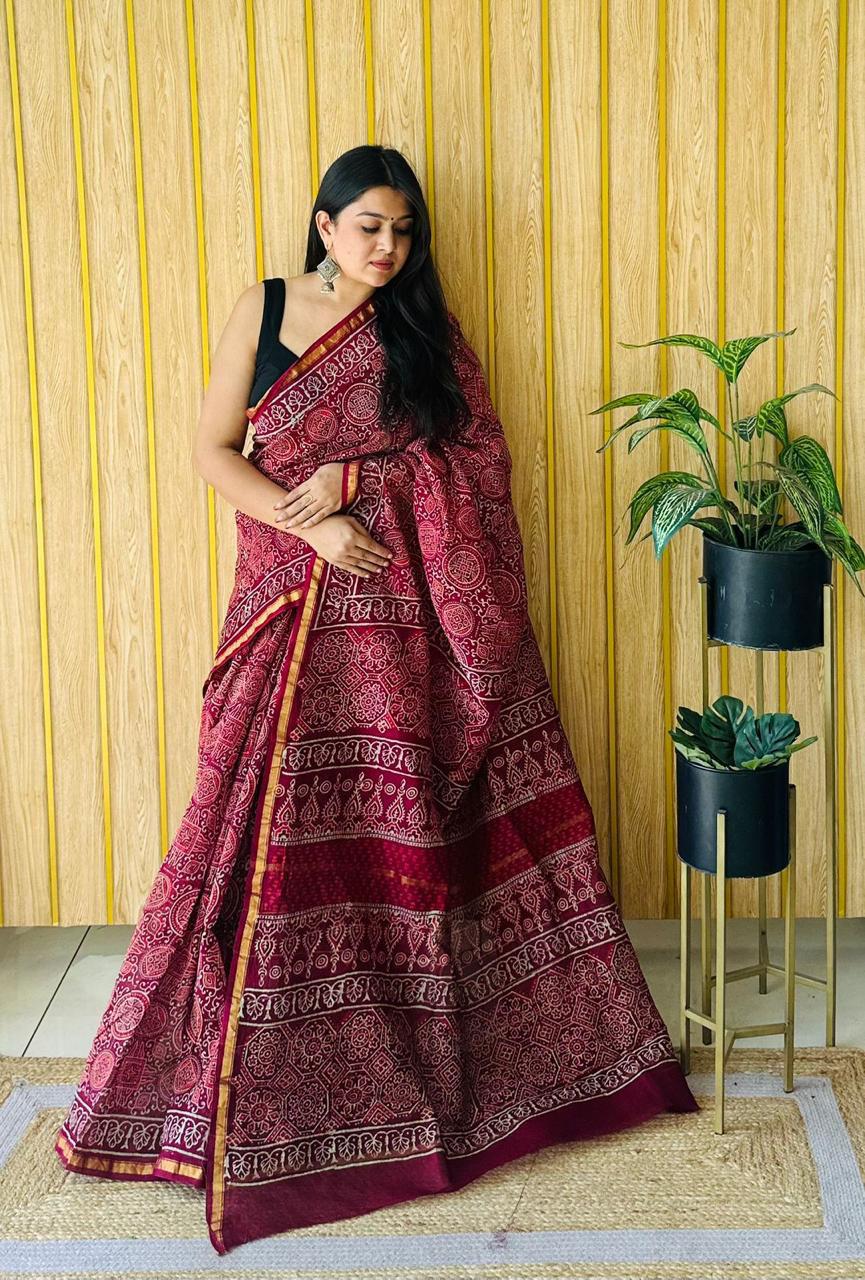 Hand Block Prninted Chanderi Saree .