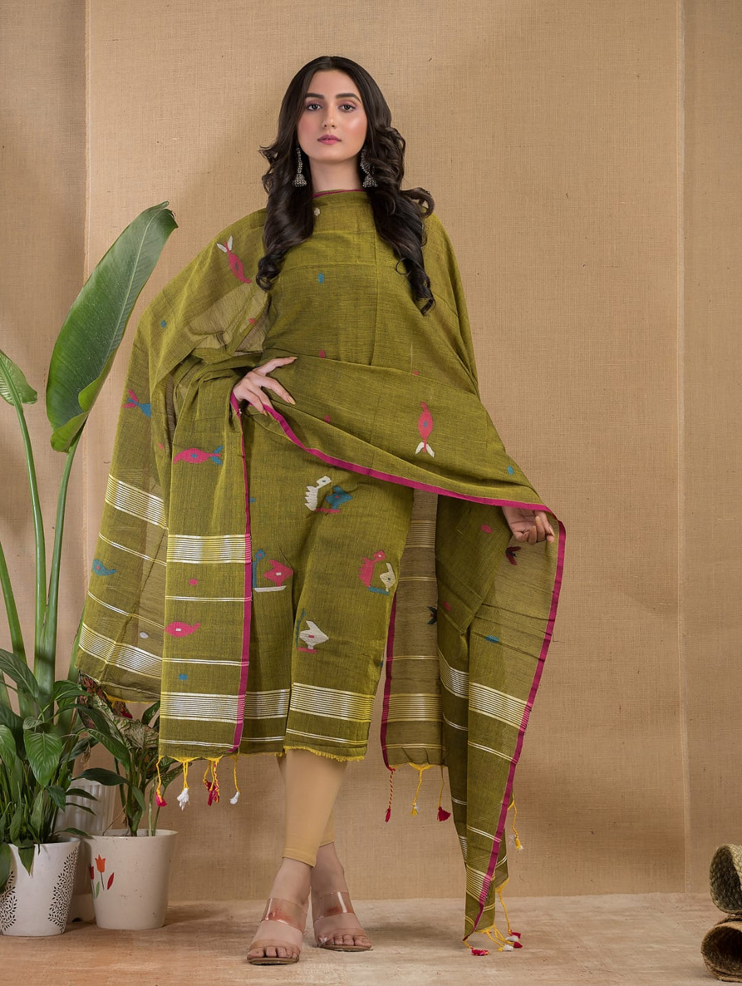 Pure Debri silk 2PC Jamdani Handwork Unstitched Suit .
