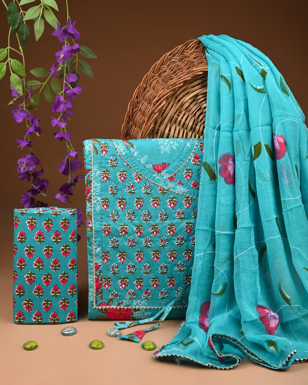 Pure Cotton Gotta patti Work unstitched Suit With Chiffon Dupatta.