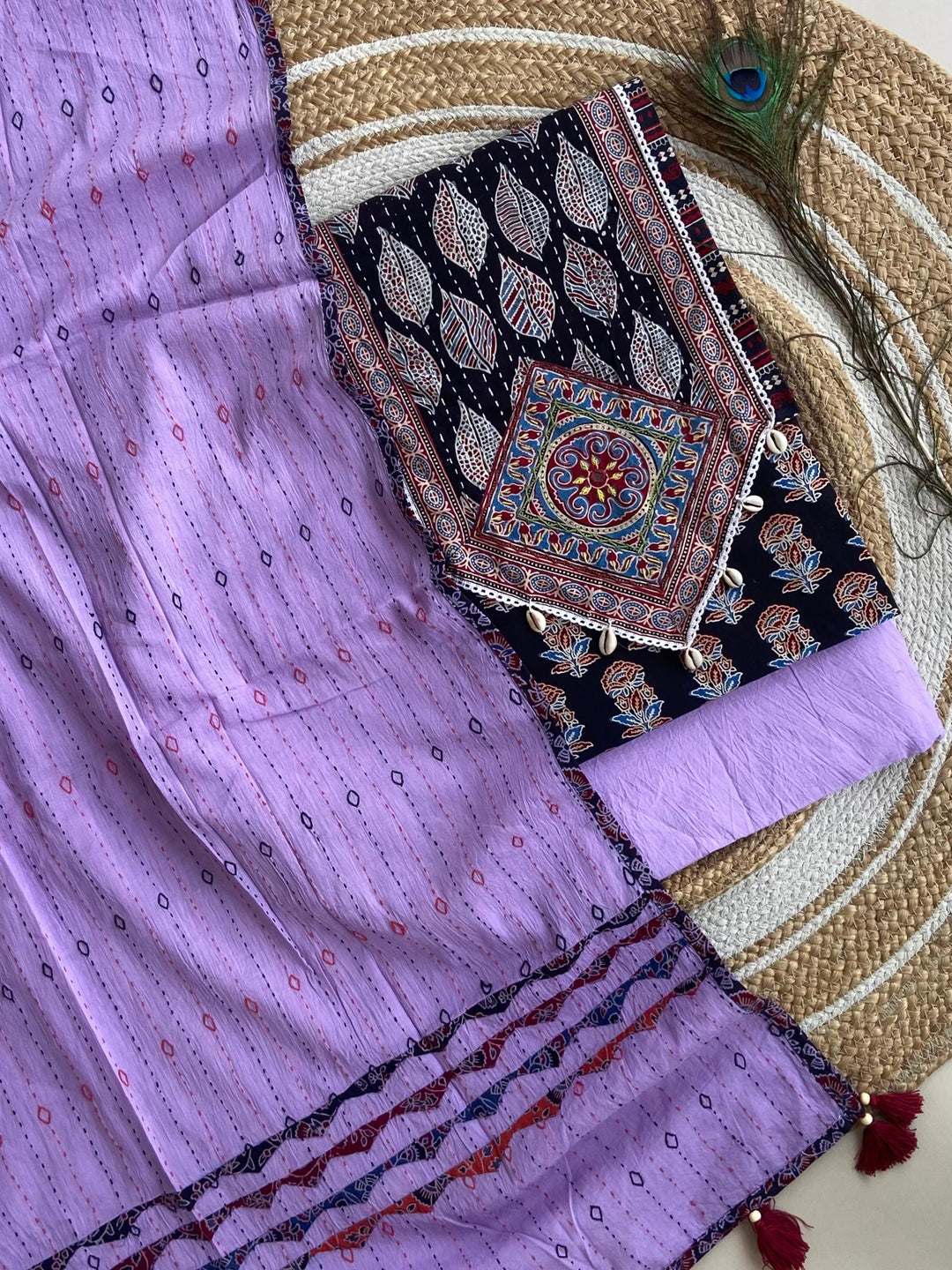 Pure Cotton Azrakh Print Unstitched suit With Patch Work Dupatta