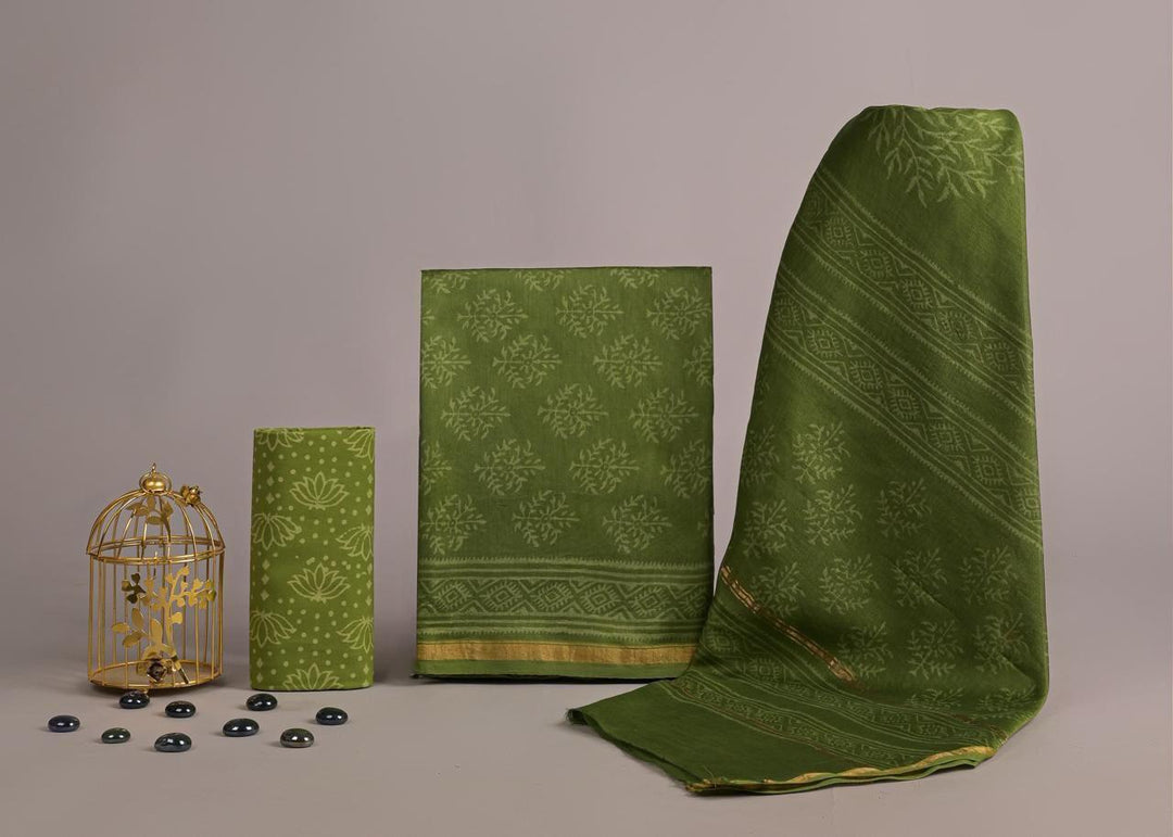Pure Hand Block Chanderi Silk Unstitched Suit.