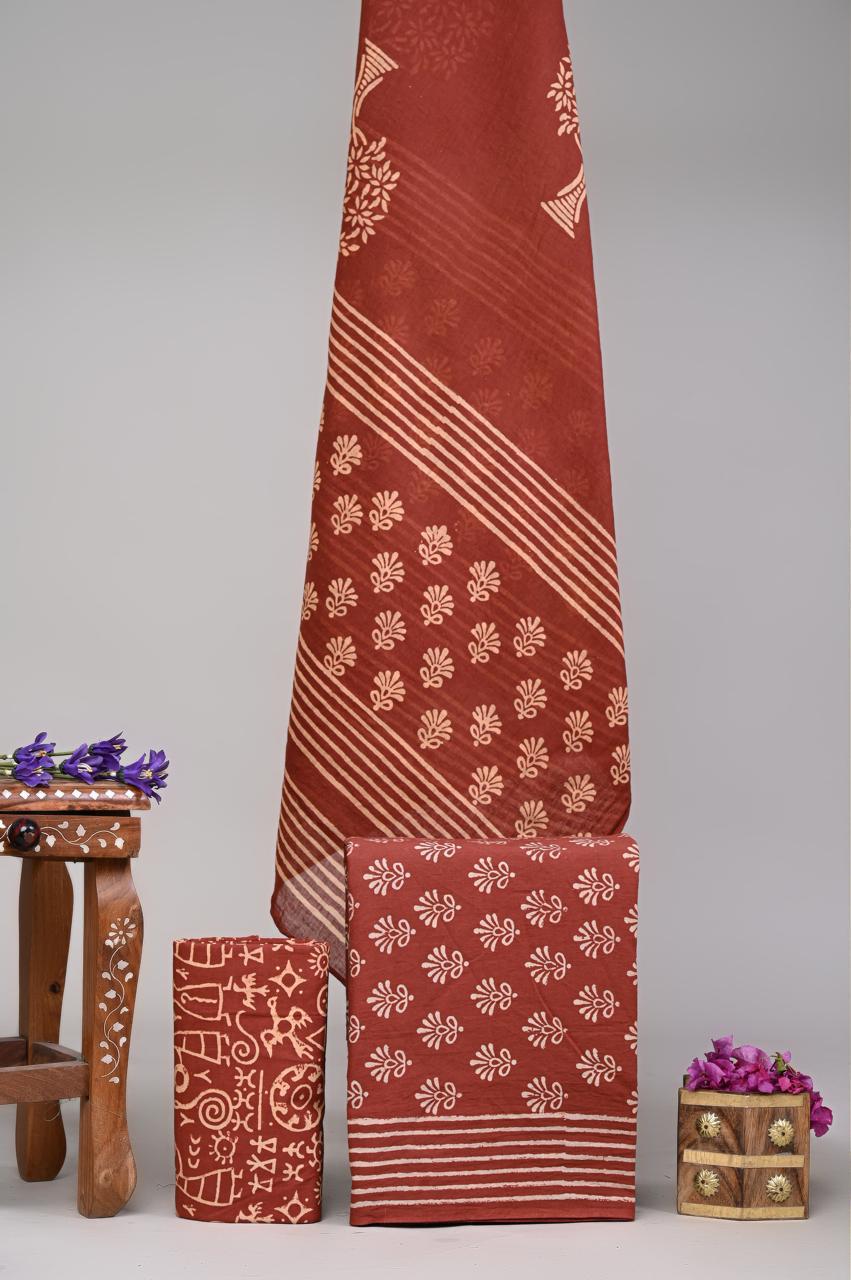 Pure Cotton Hand Block Printed Unstitched Suit Set With Cotton dupatta.