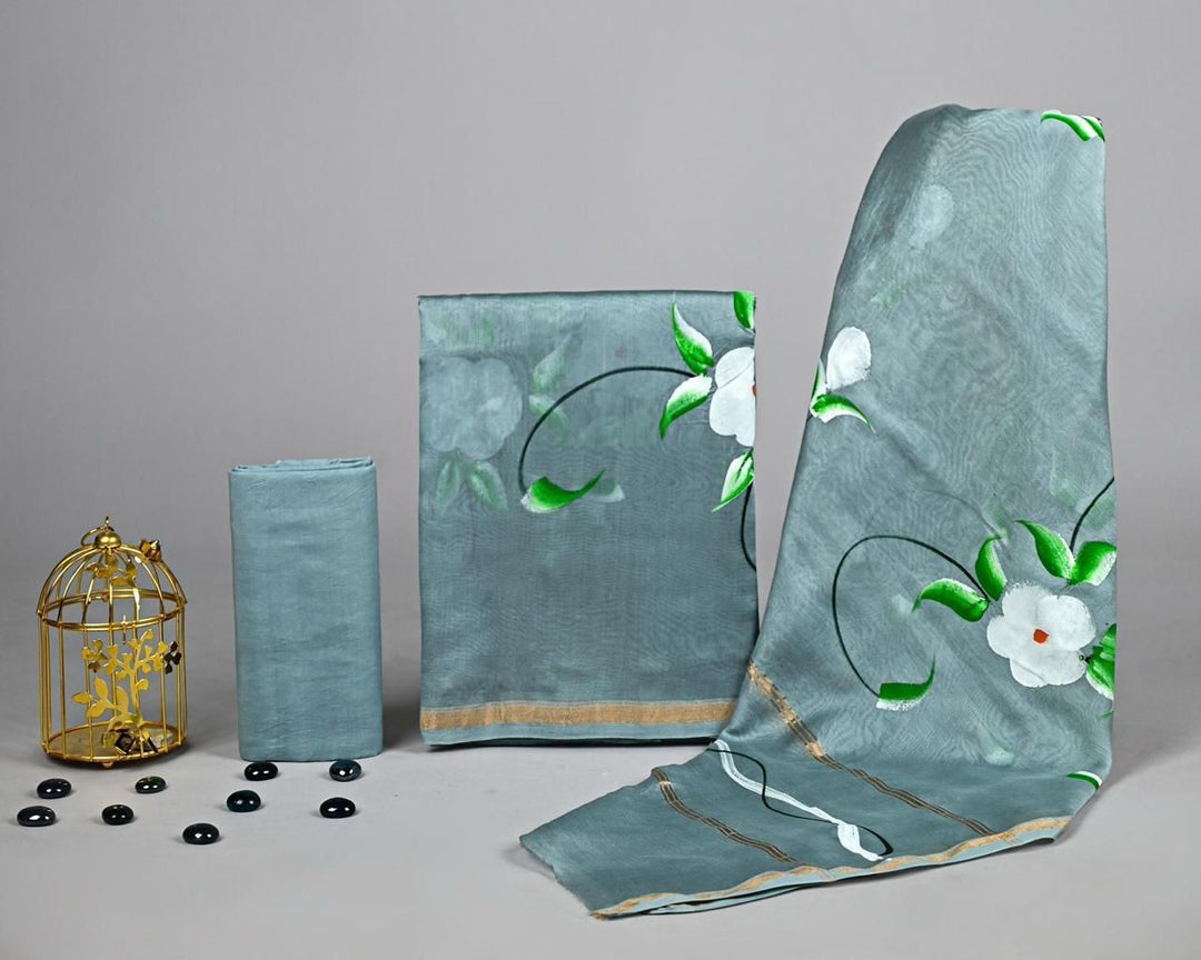 Pure Hand Block Chanderi Silk Unstitched Suit.