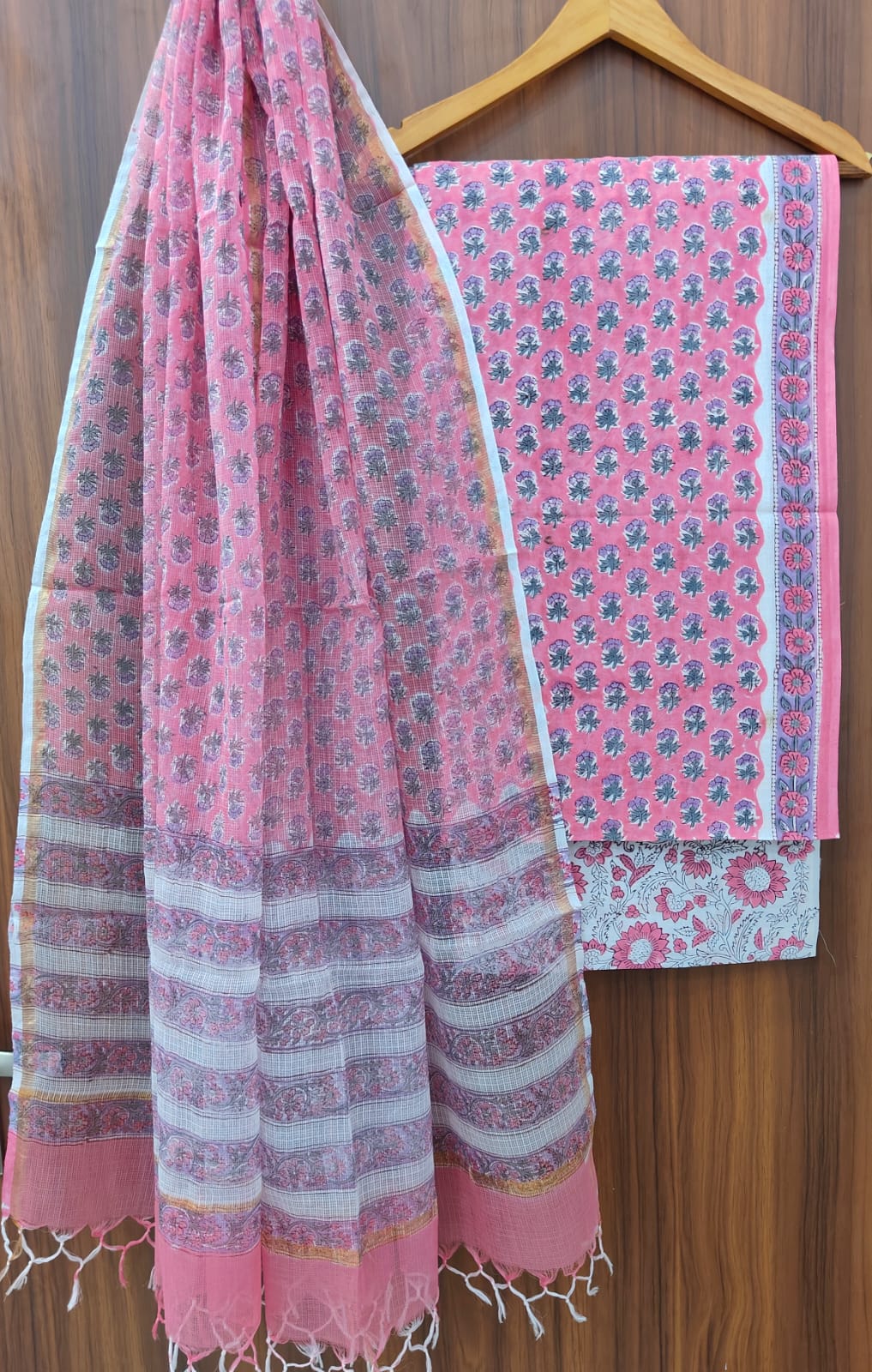 Pure Cotton Hand block print Unstitched Suit with Kota Dupatta.