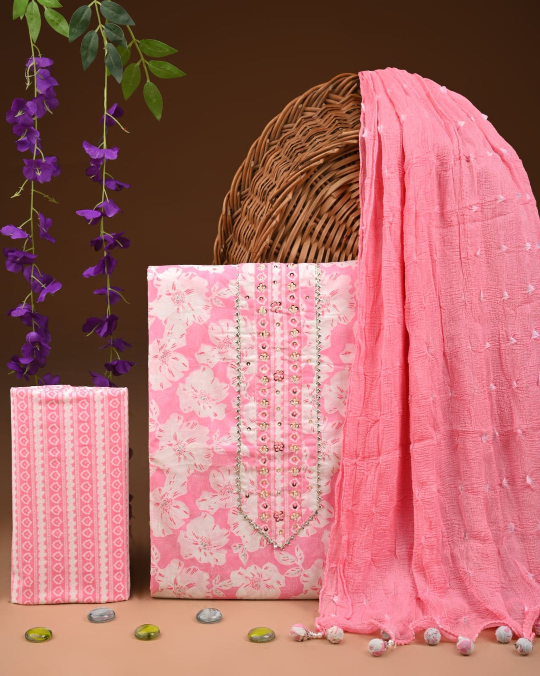 Pure Cotton Gotta patti Work unstitched Suit With Chiffon Dupatta.