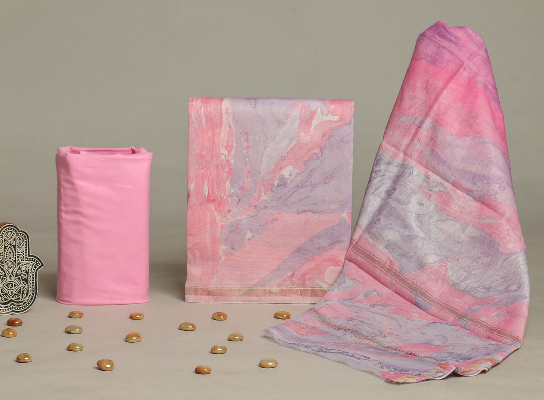 Pure Hand Block Chanderi Silk Unstitched Suit.