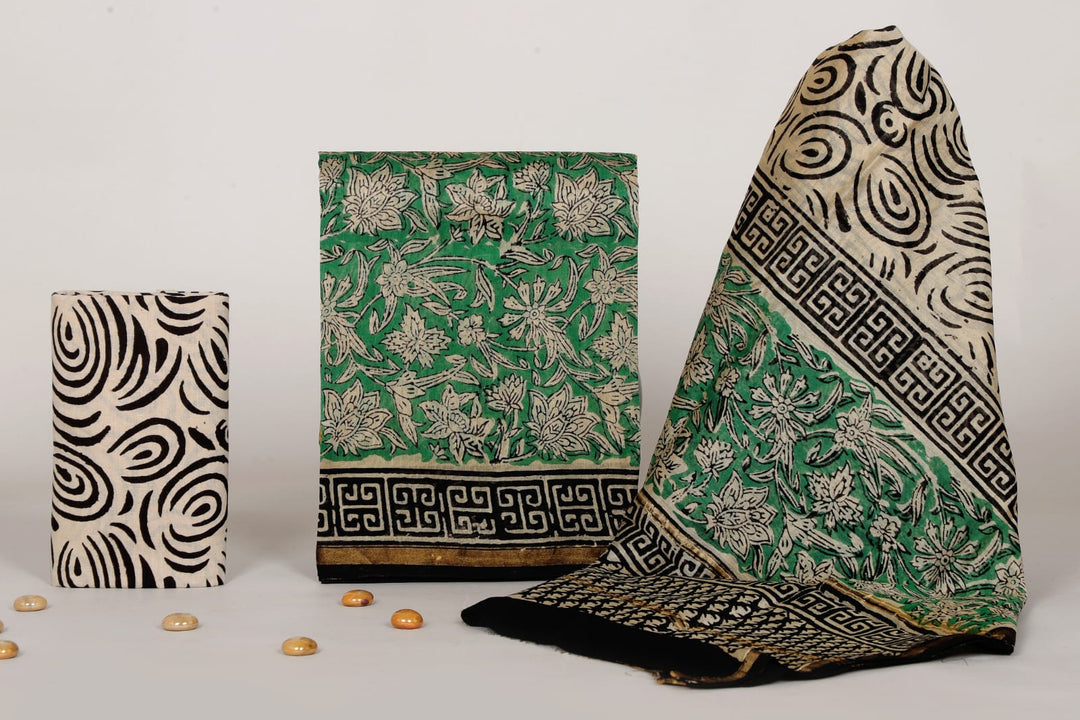 Pure Hand Block Chanderi Silk Unstitched Suit.