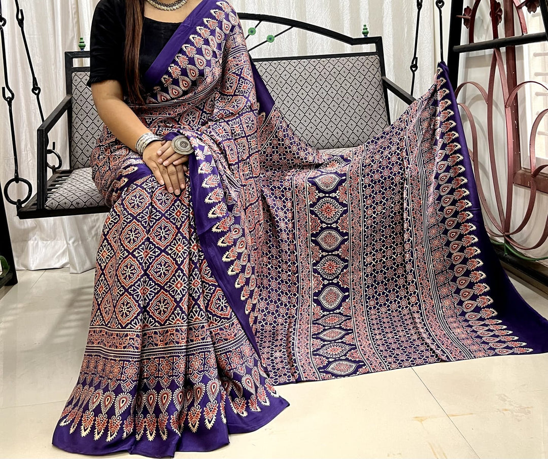 Pure Natural Dyeing Hand Block Print Modal silk saree.