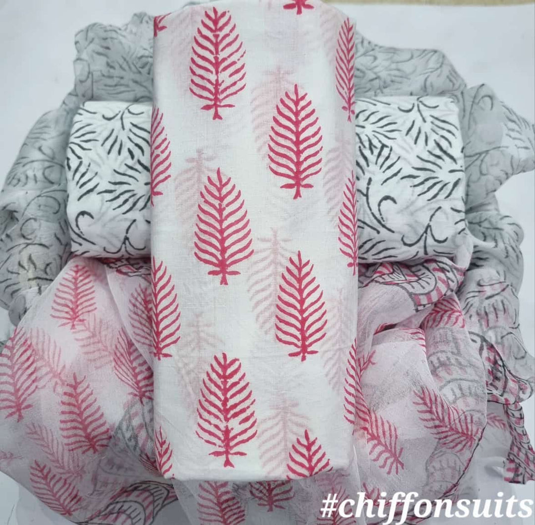 Pure Cotton Hand Block Print Unstitched Suit with chiffon dupatta .