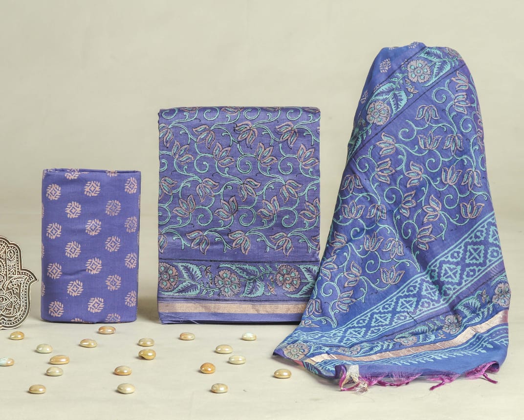 Pure Hand Block Chanderi Silk Unstitched Suit.