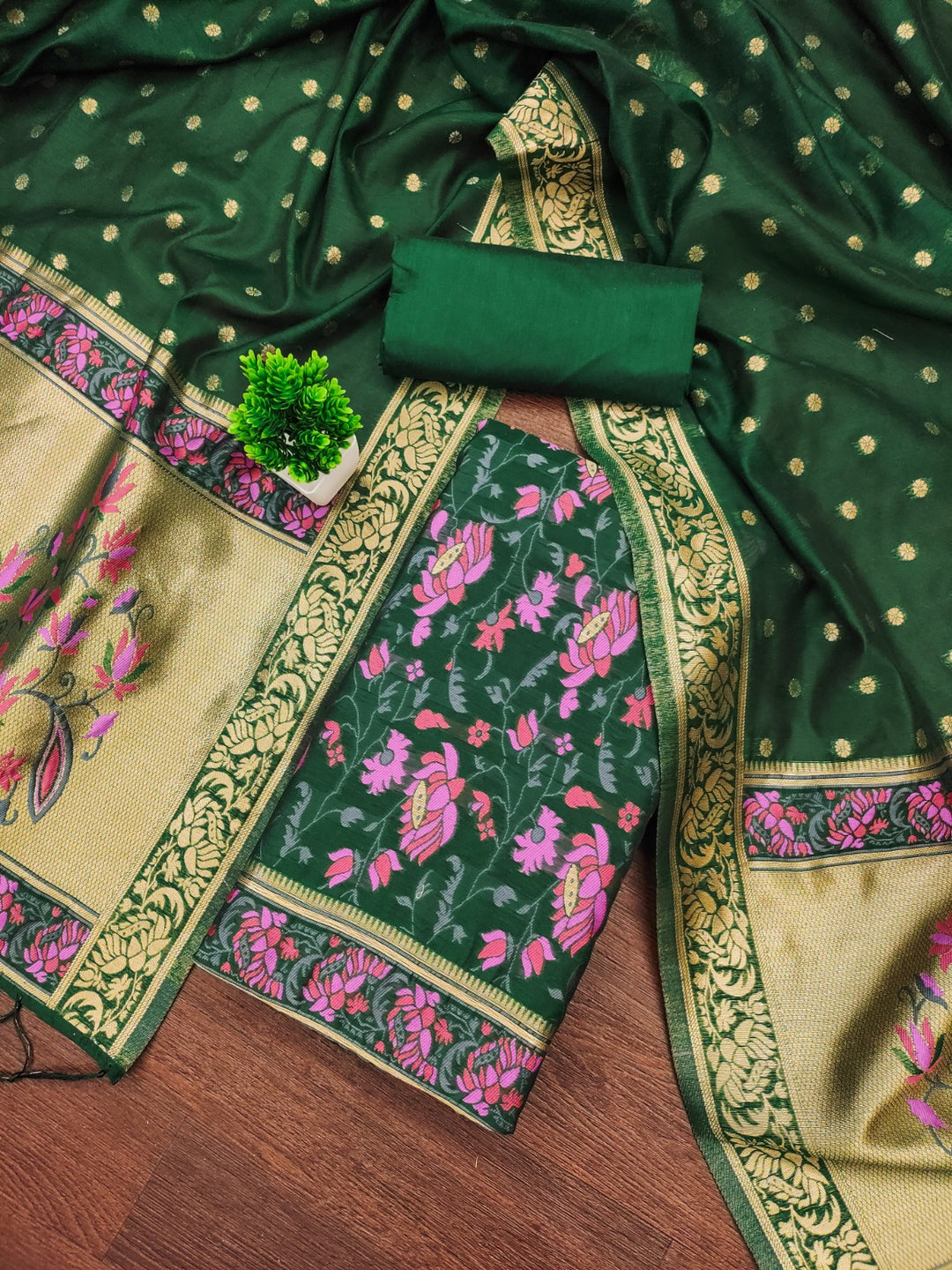 Pure Banarasi Cotton Jamdani Weaved Zari And Meenakari Work Unstitched Suit .