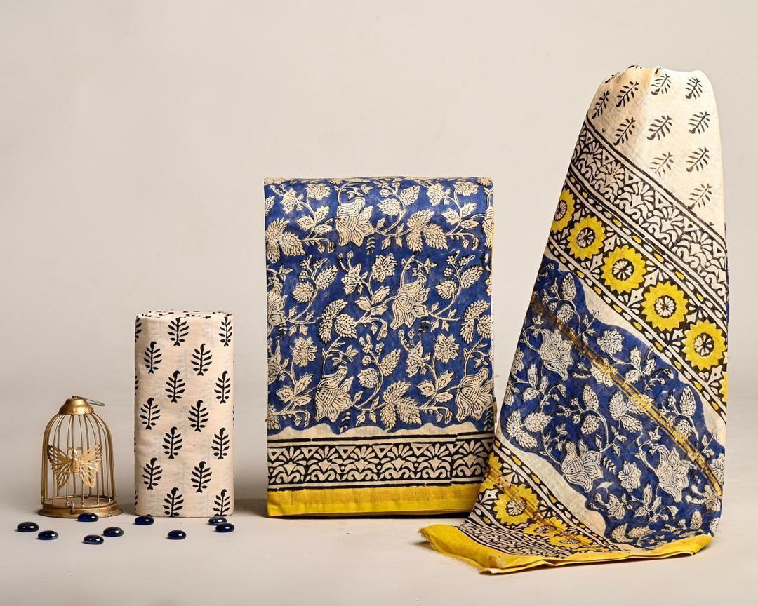 Pure Hand Block Chanderi Silk Unstitched Suit.