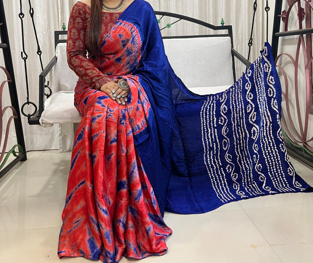 Pure Natural Dyeing Hand Block Tia&Diye Print Modal silk saree.