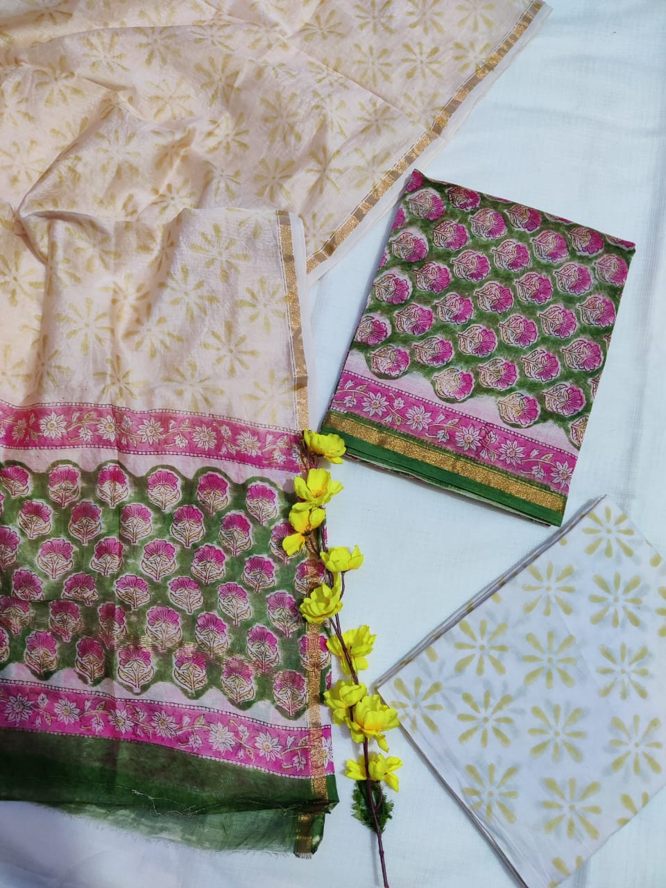 Pure Hand Block Chanderi Silk Unstitched Suit.
