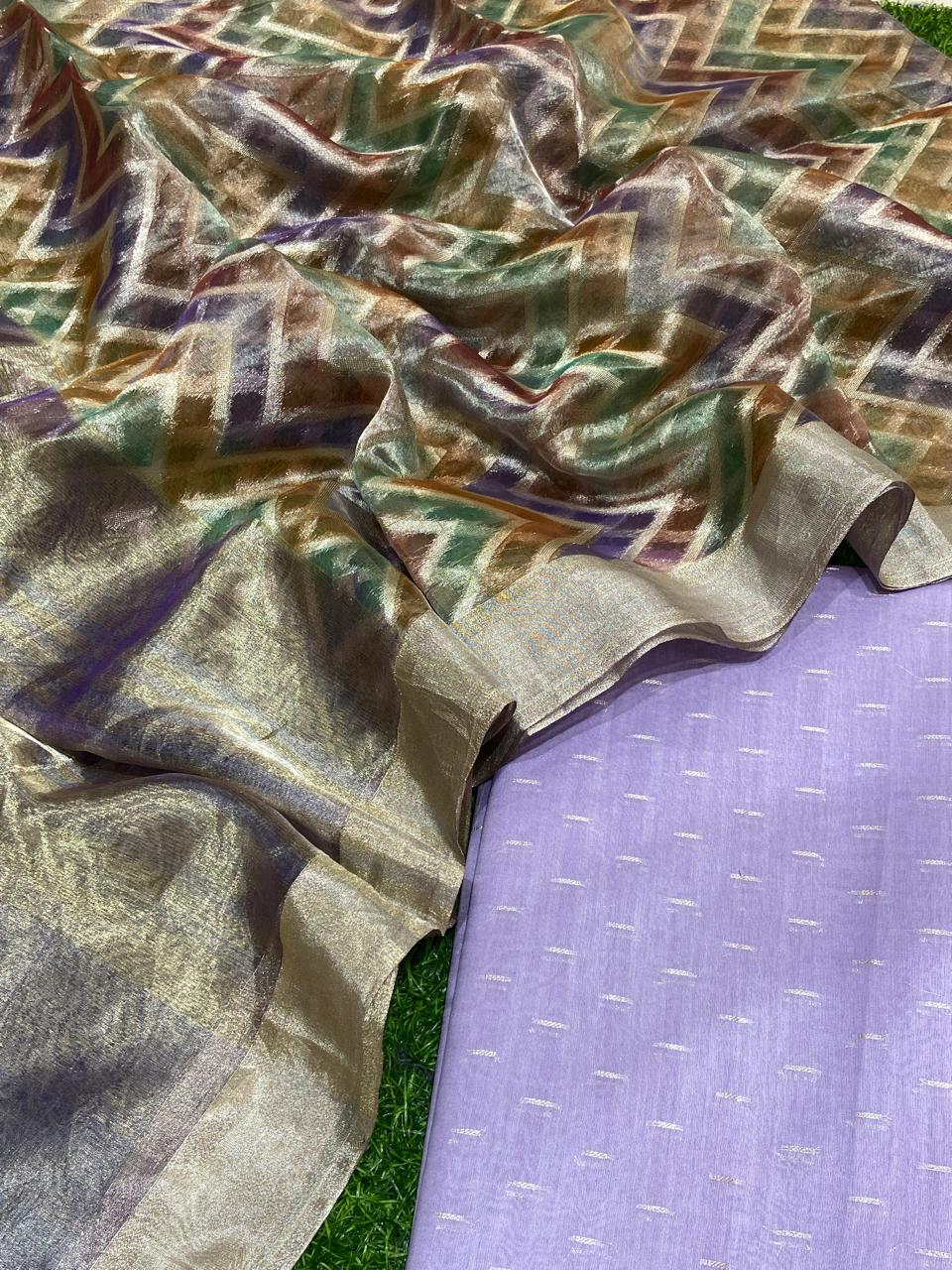 Pure Banarasi Resham Chanderi Silk Zari Unstitched Suit With Tisshu Rang Kart Dupatta.