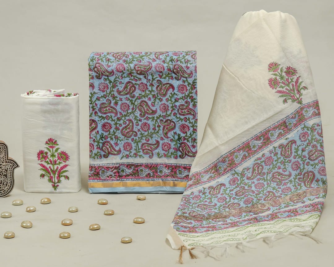 Pure Hand Block Chanderi Silk Unstitched Suit.