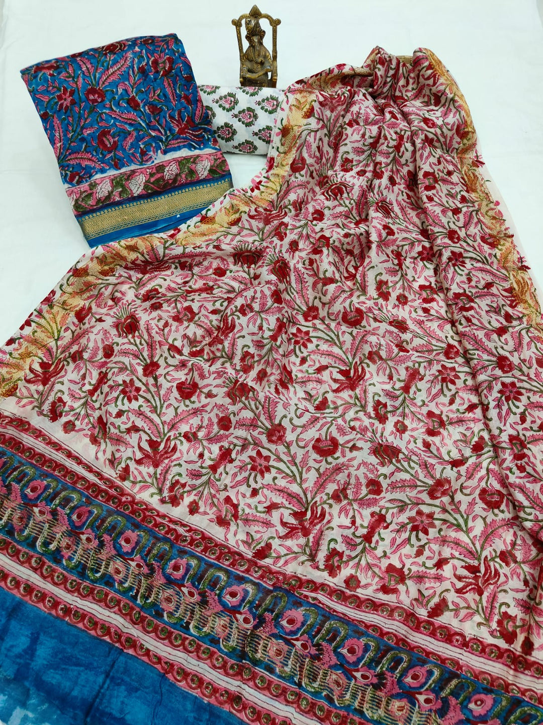 Pure Maheshwari Silk Hand block print Unstitched Suit.