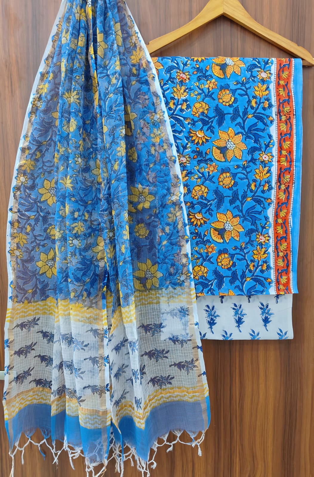 Pure Cotton Hand block print Unstitched Suit with Kota Dupatta.