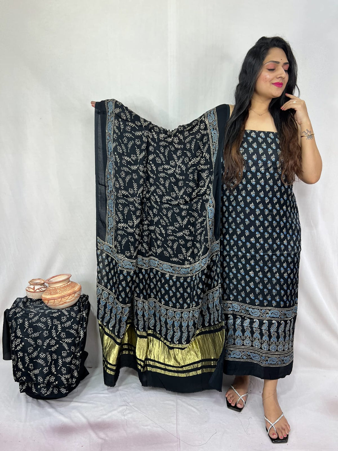 Pure Modal Silk Ajrakh Hend Block Zari Pallu Weaved 3pc Unstitched Suit .