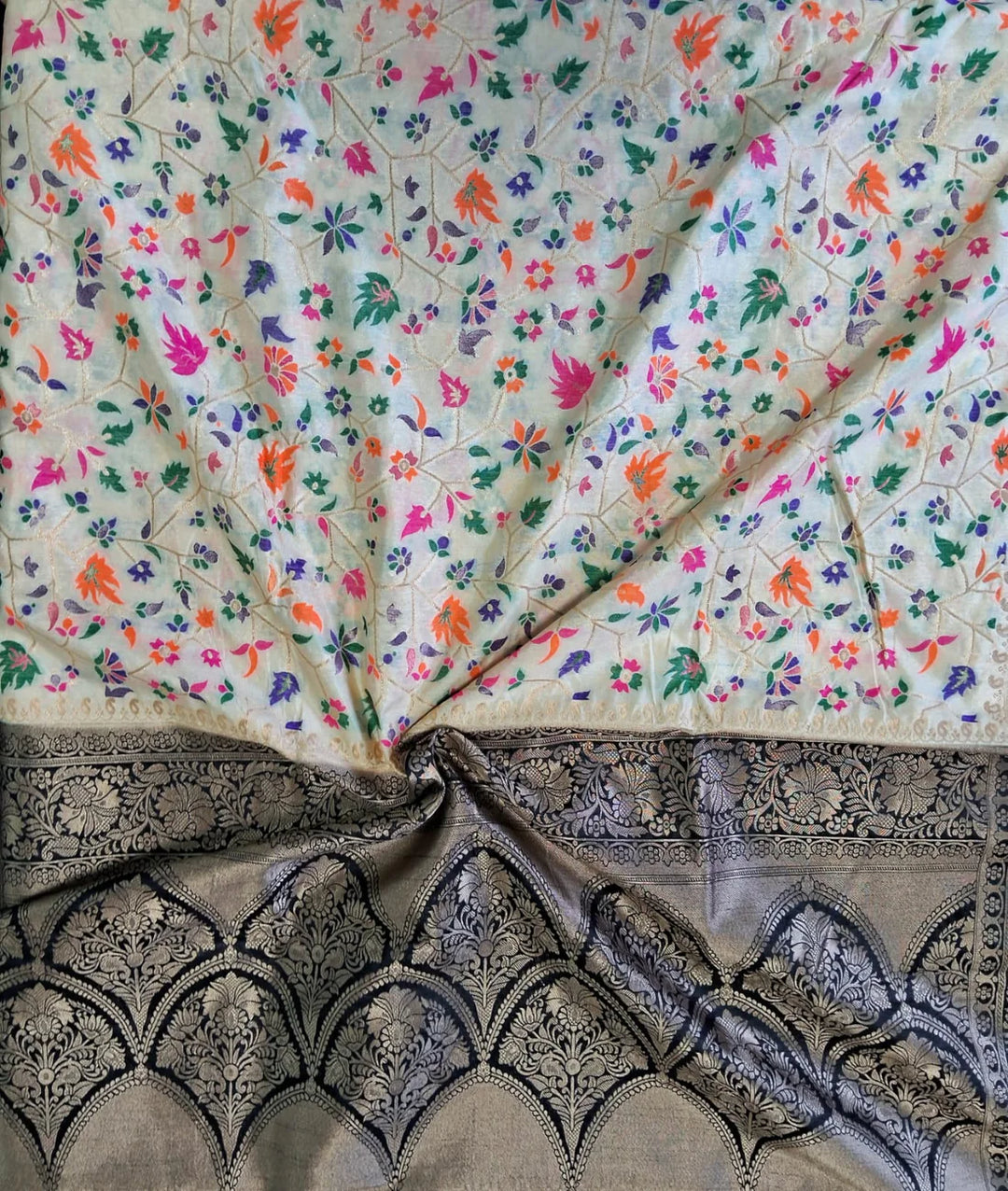 White color Banarasi Handloom Silk Multi Meena Zari Work Saree