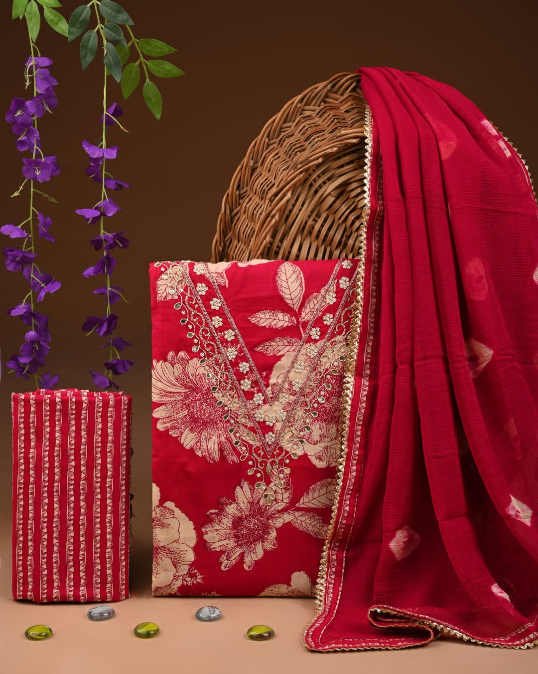 Pure Cotton Gotta patti Work unstitched Suit With Chiffon Dupatta.