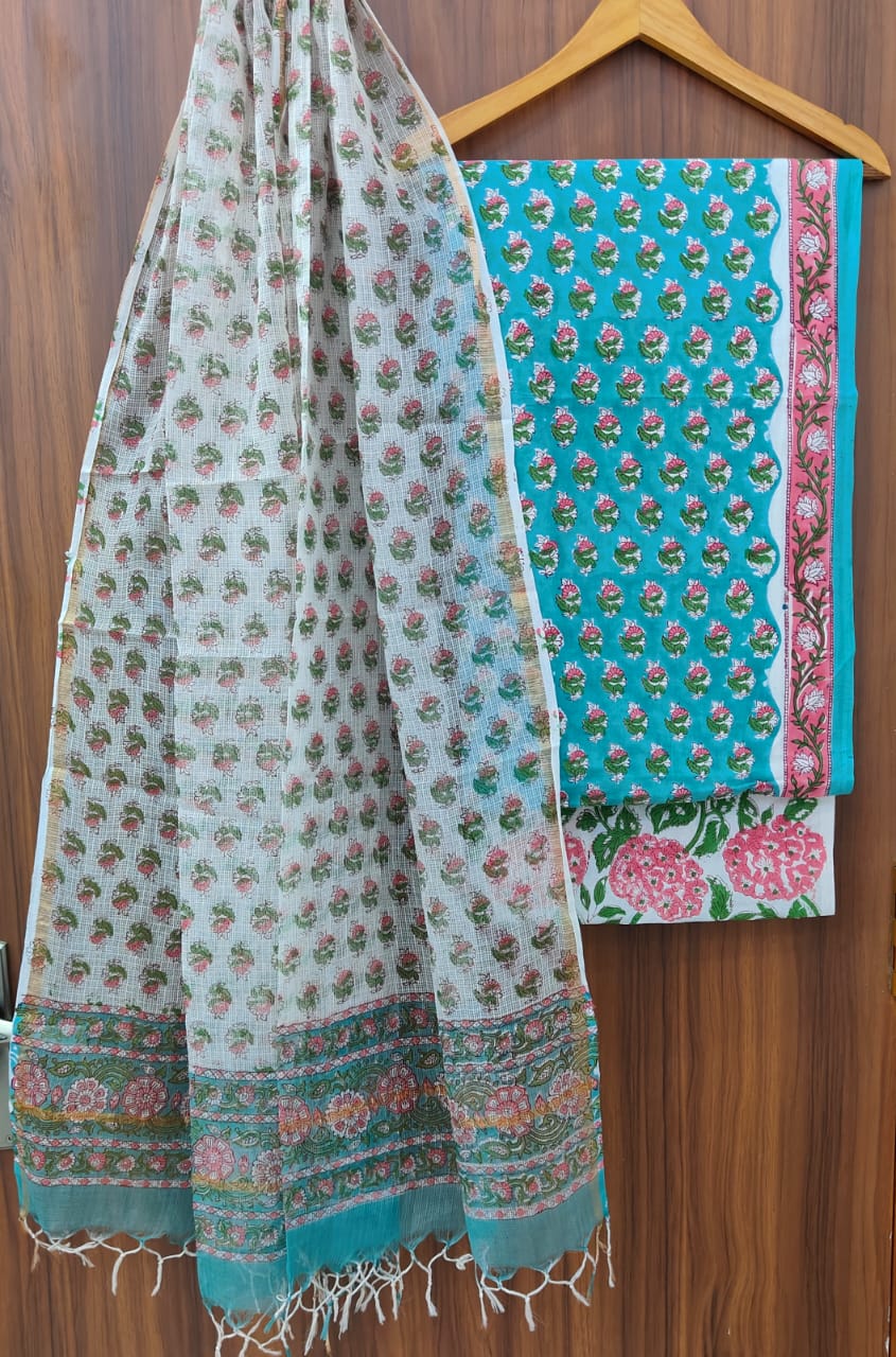 Pure Cotton Hand block print Unstitched Suit with Kota Dupatta .
