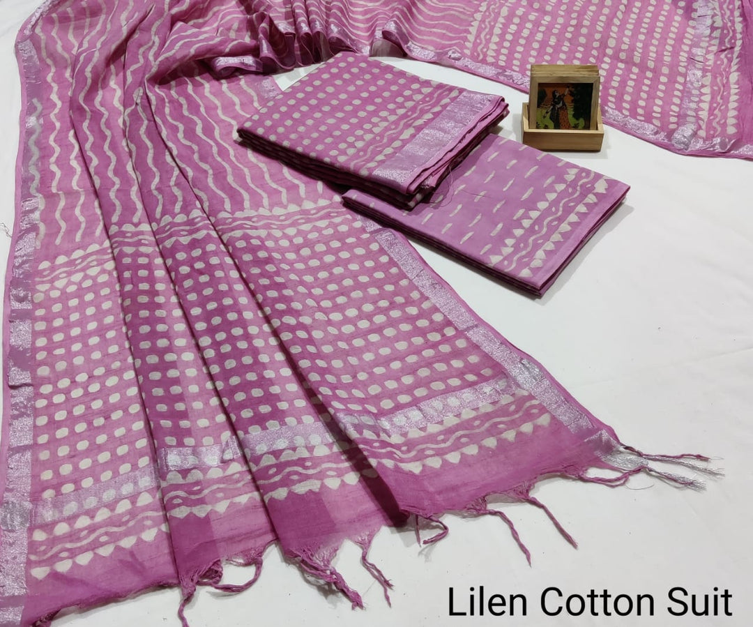 Hand Block Printed Linen Unstitched Suit .
