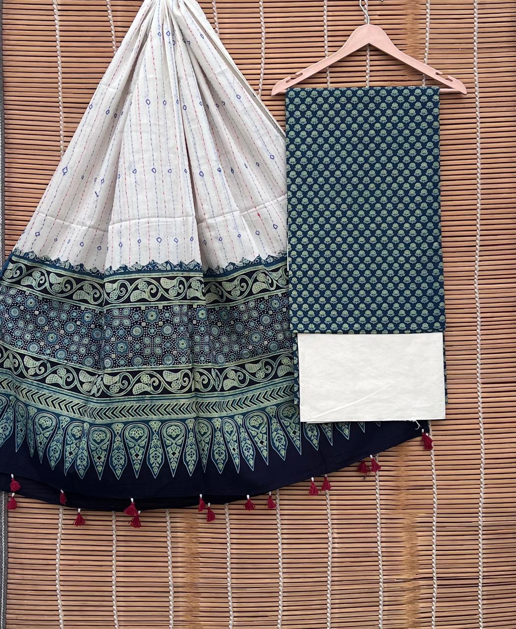 Pure Cotton Azrakh Print Unstitched suit Whit Kantha Work Dupatta.