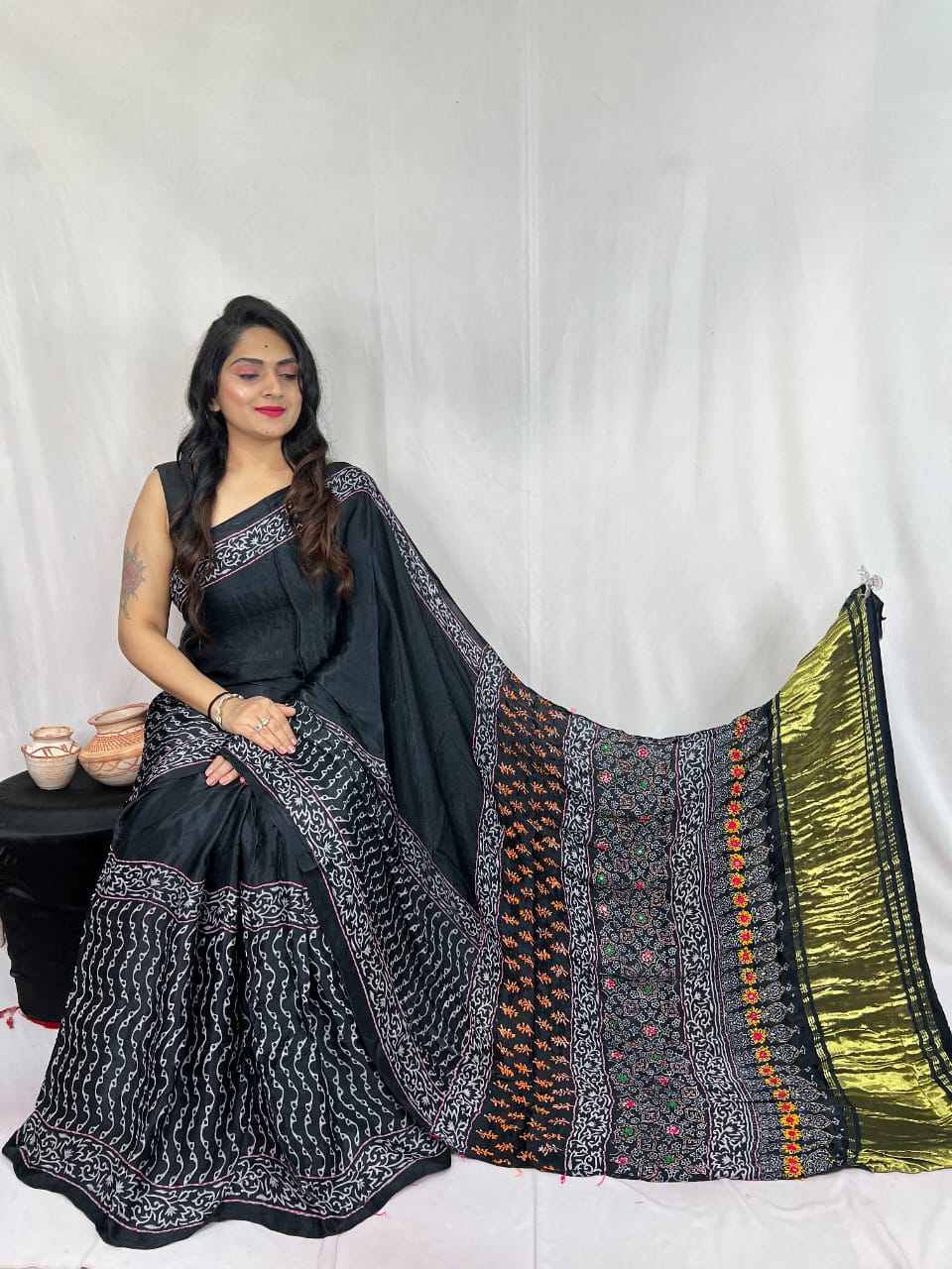 Pure Natural Dyeing Hand Block Ajrakh Print Modal silk saree.
