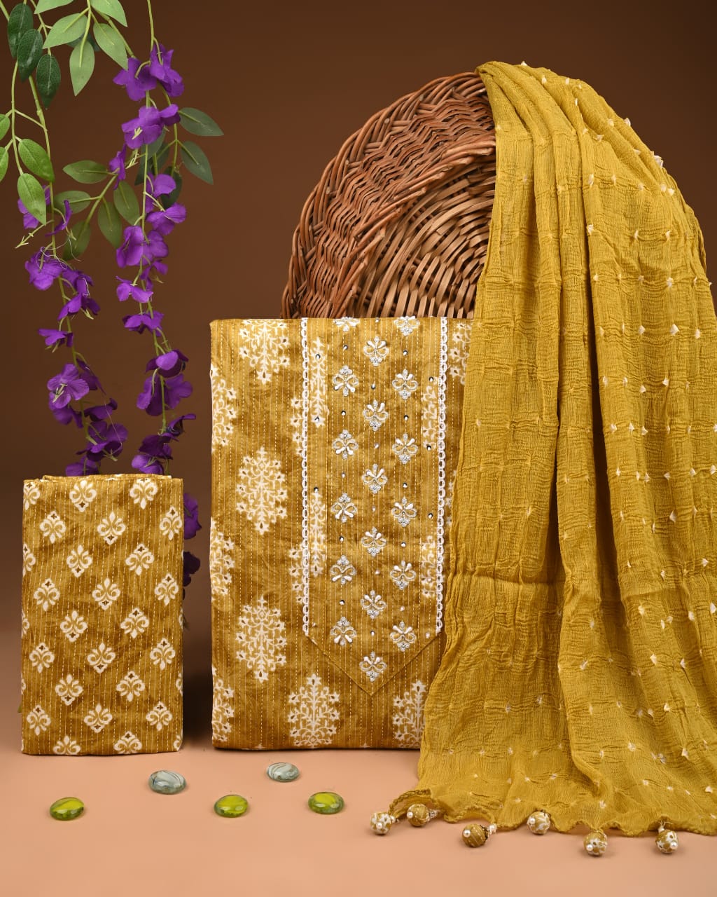 Pure Cotton Gotta patti Work unstitched Suit With Chiffon Dupatta.