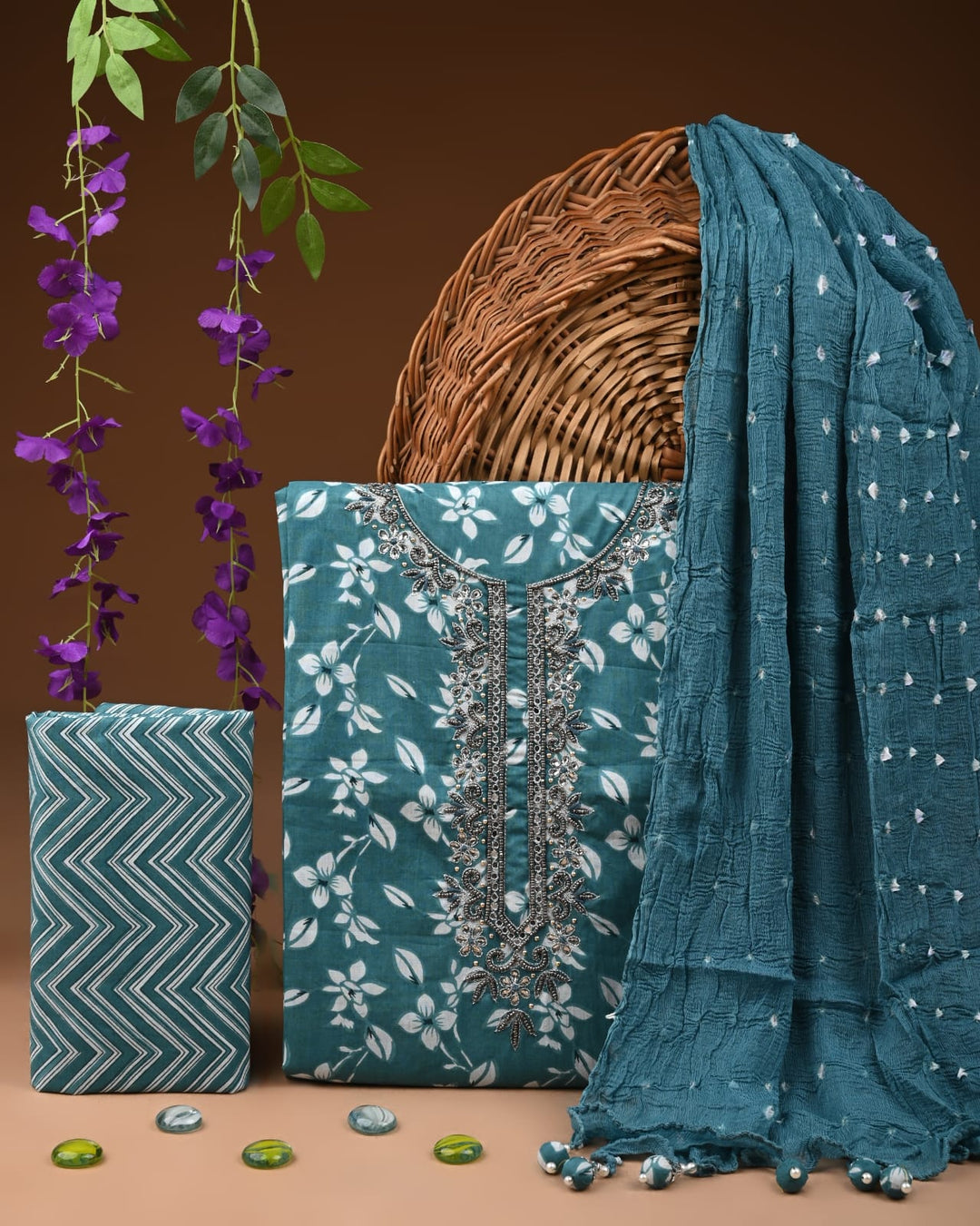 Pure Cotton Gotta patti Work unstitched Suit With Chiffon Dupatta.
