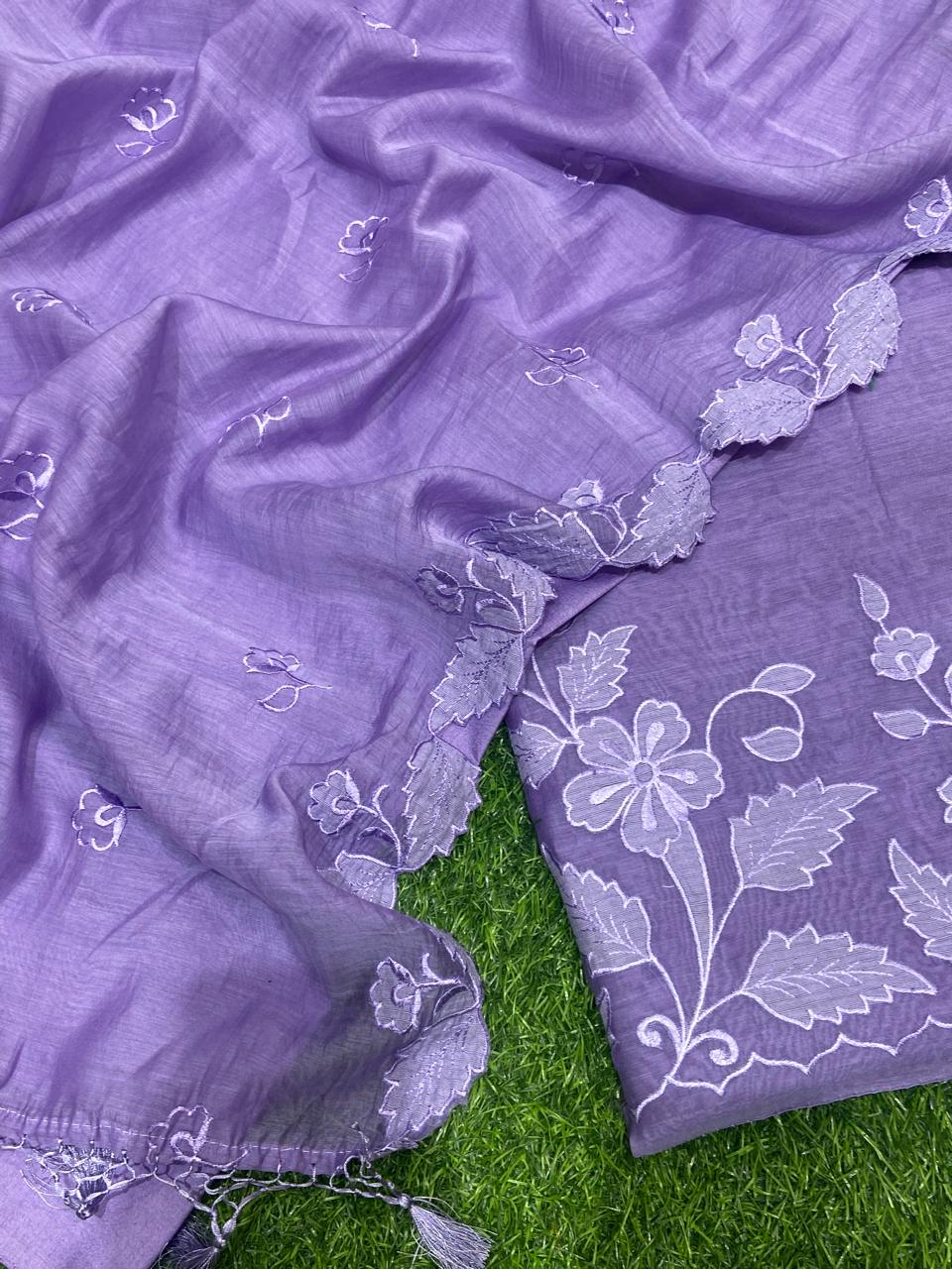 Pure Banarasi Chanderi Silk Applique Work Unstitched Suit .