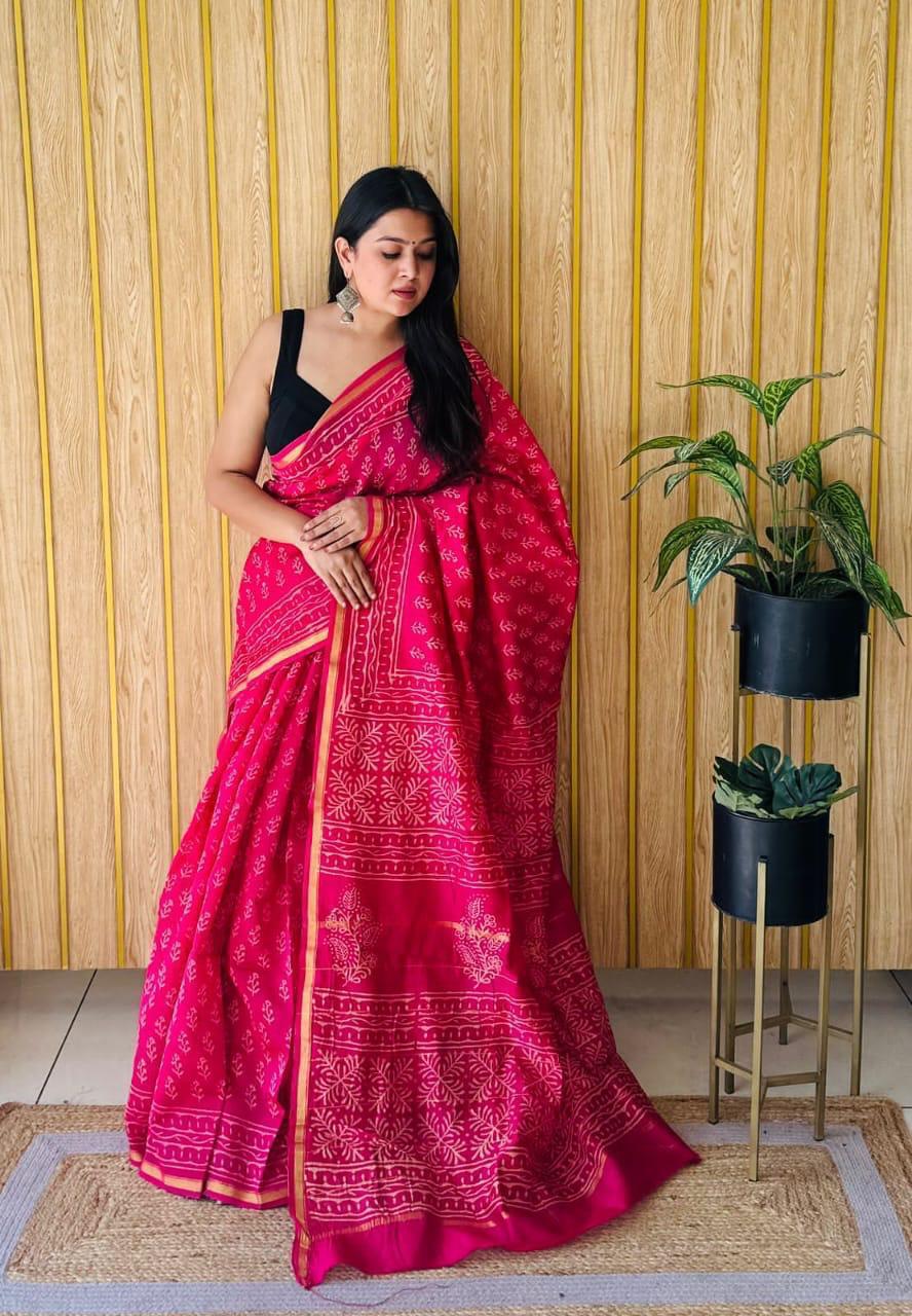 Hand Block Prninted Chanderi Saree .