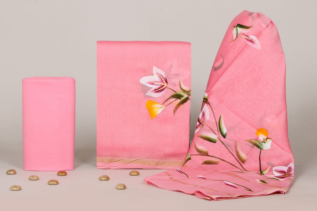 Pure Hand Block Chanderi Silk Unstitched Suit.