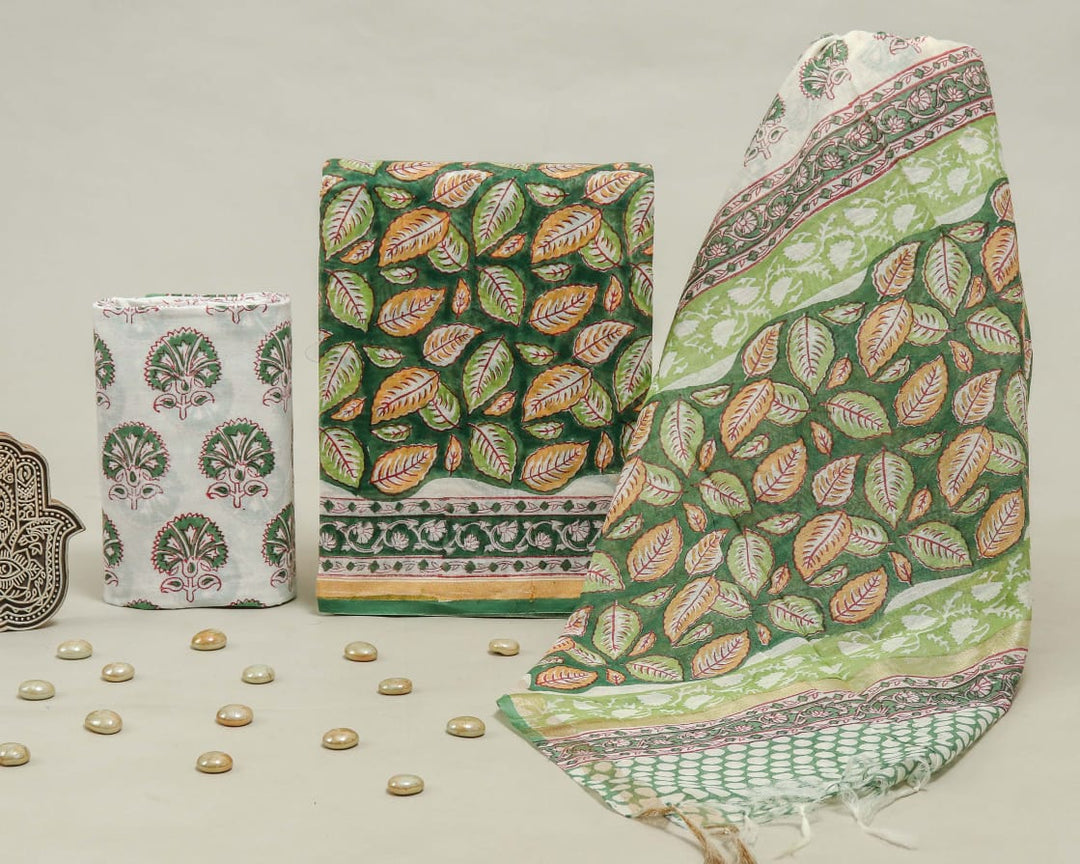 Pure Hand Block Chanderi Silk Unstitched Suit.