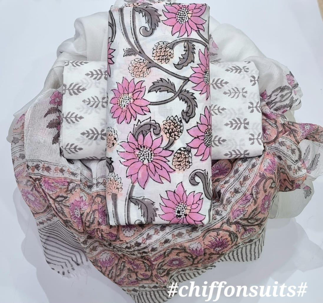 Pure Cotton Hand Block Print Unstitched Suit with chiffon dupatta .