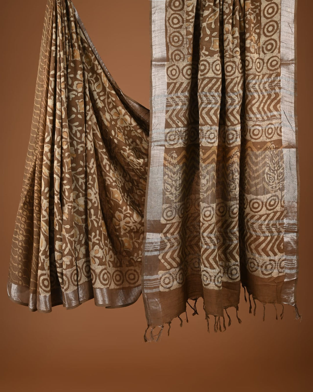 Hand Block Print Linen Saree with Blouse .