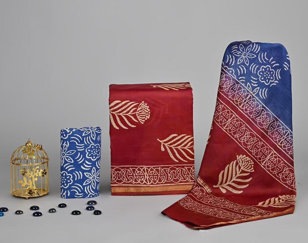 Pure Hand Block Chanderi Silk Unstitched Suit.