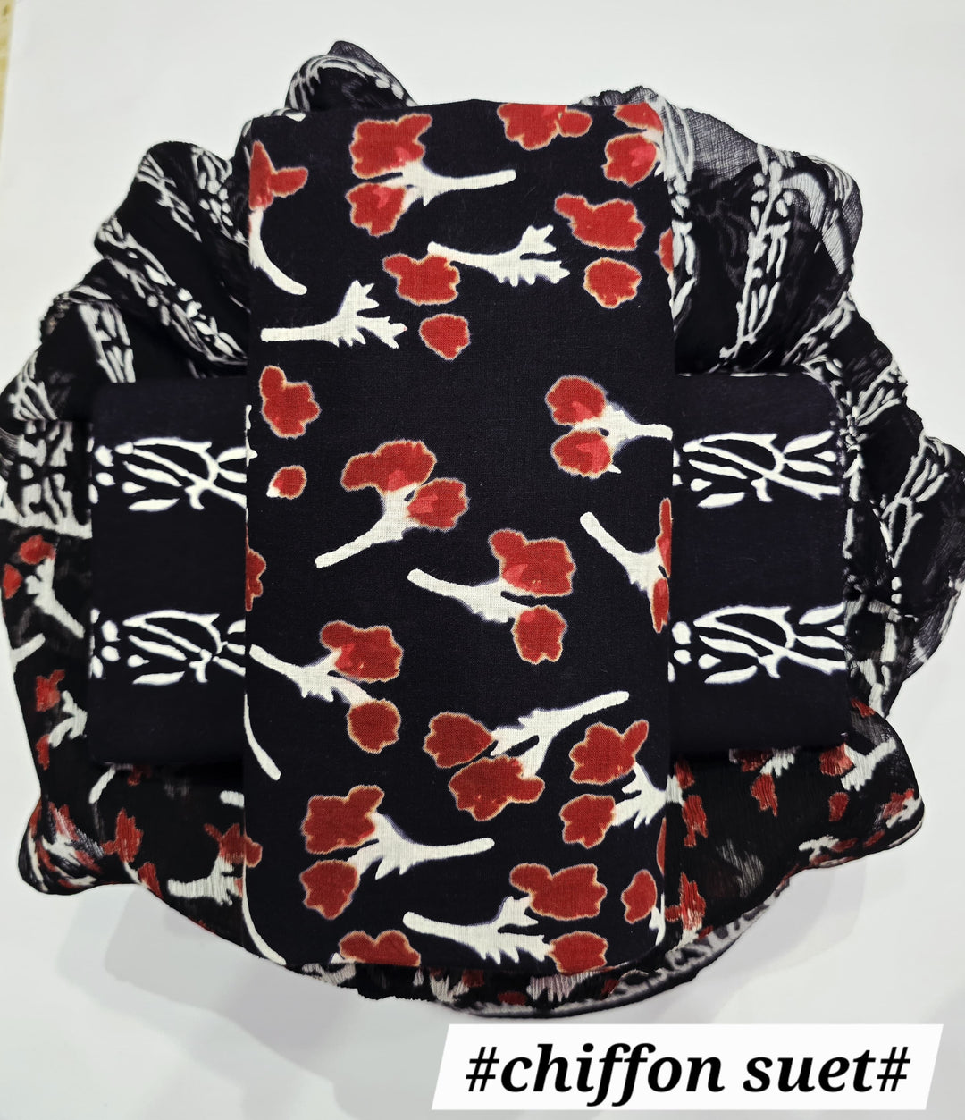 Pure Cotton Hand Block Print Unstitched Suit with chiffon dupatta .