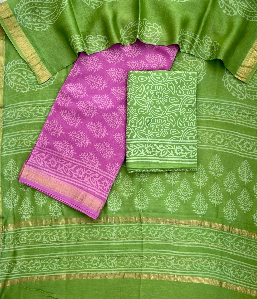 Pure Maheshwari Silk Hand block print Unstitched Suit.