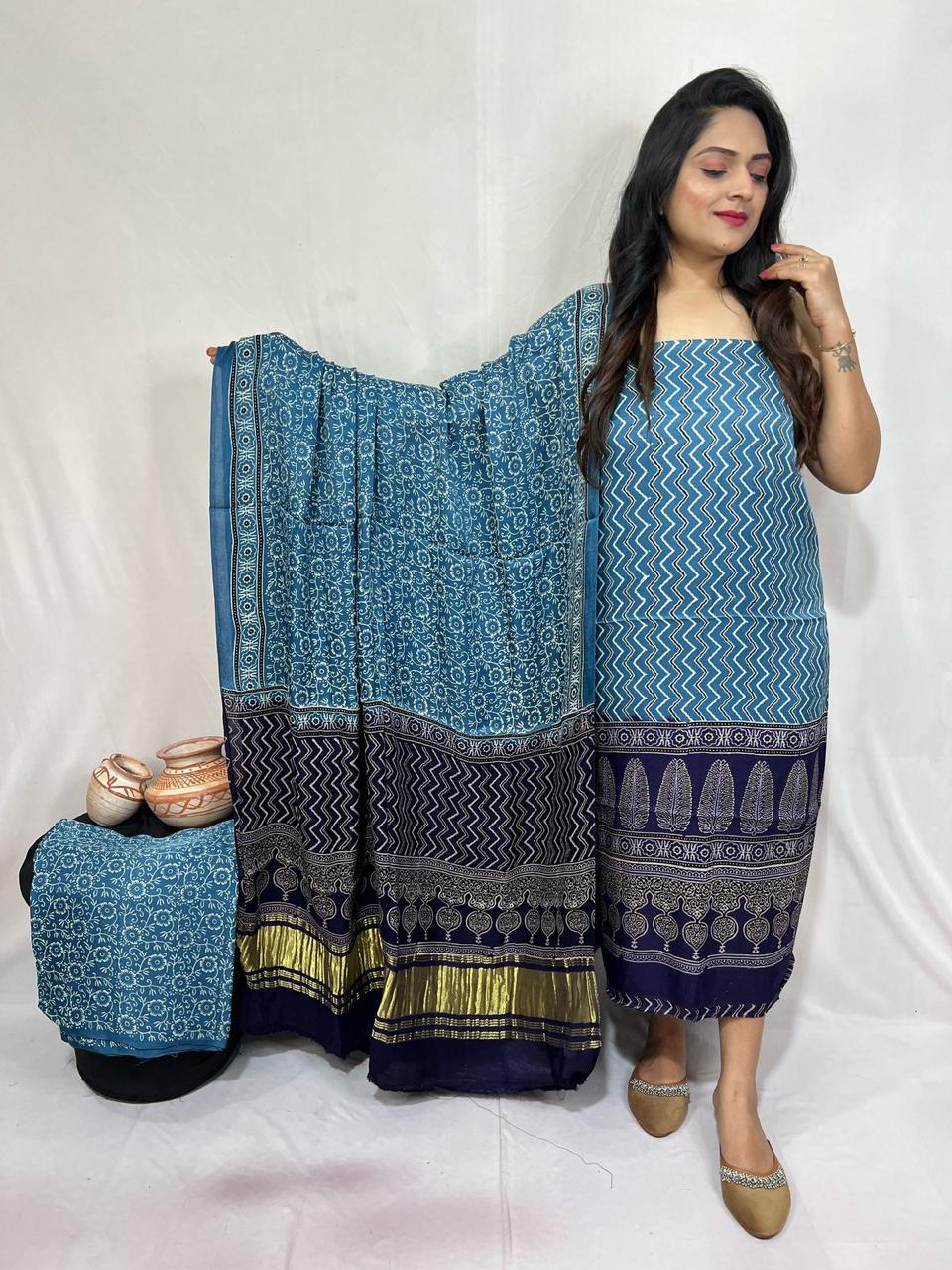 Pure Modal Silk Ajrakh Hend Block Zari Pallu Weaved 3pc Unstitched Suit .