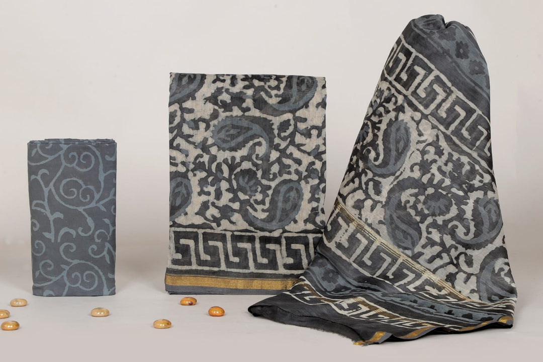 Pure Hand Block Chanderi Silk Unstitched Suit