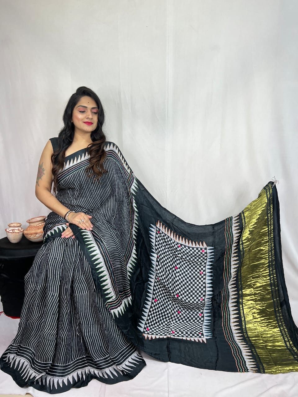 Pure Natural Dyeing Hand Block Ajrakh Print Modal silk saree.