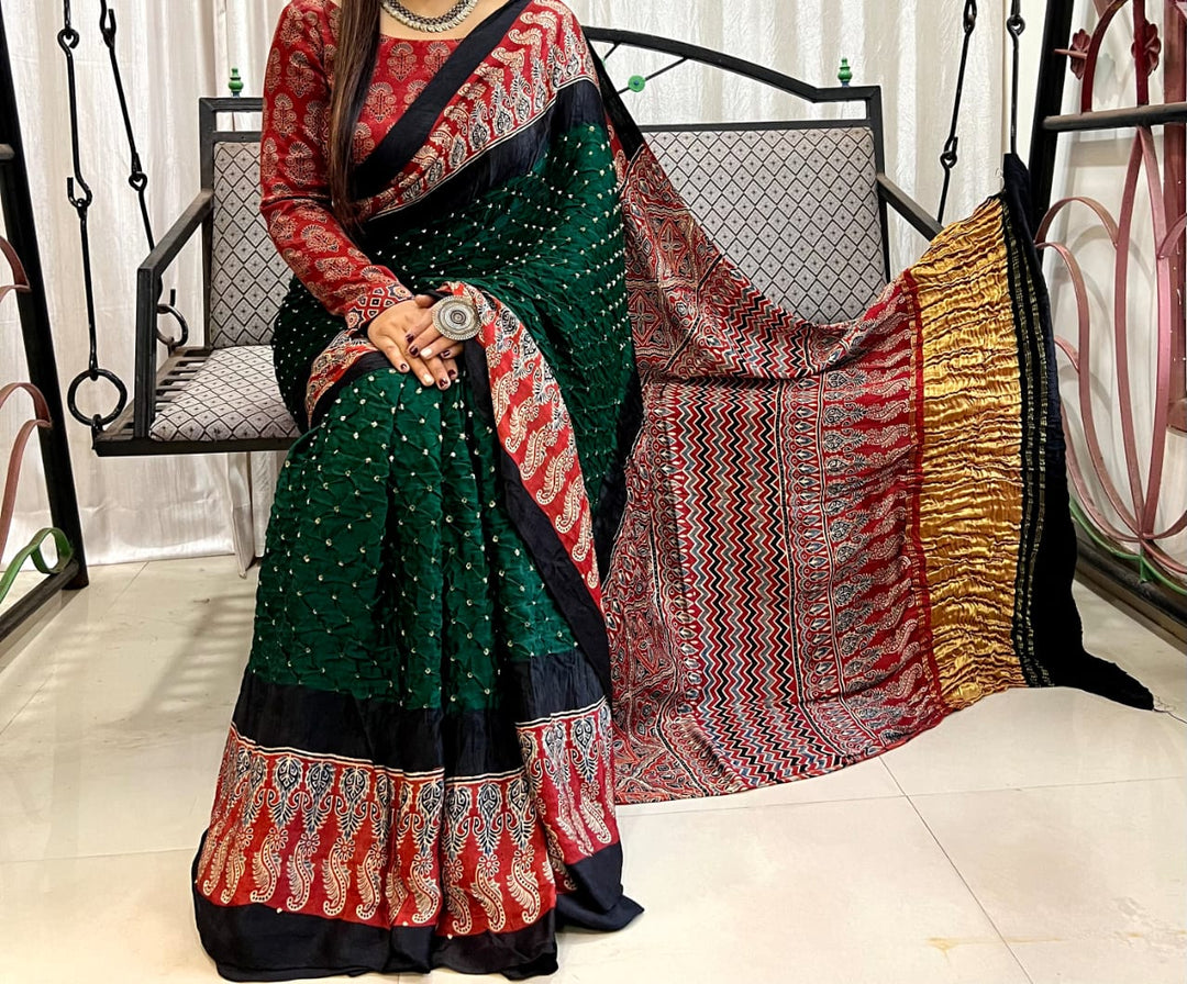 Pure Natural Dyeing Hand Block Bandhej Print Modal silk saree.
