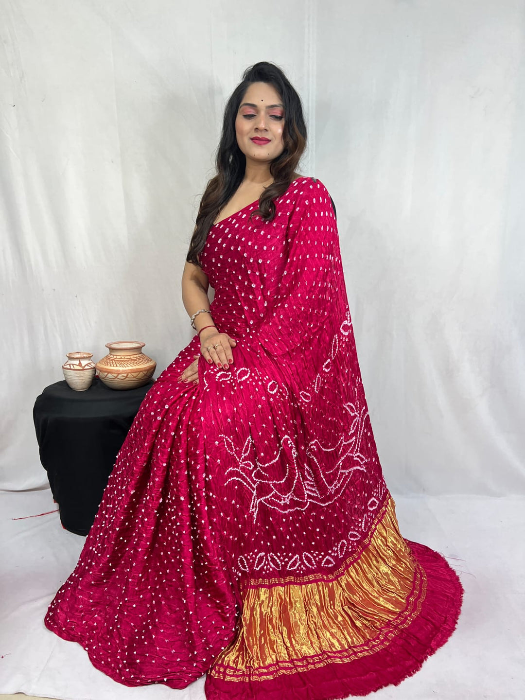 Pure Natural Dyeing Hand Block Bandhej Print Modal silk saree.